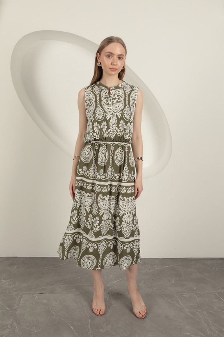 KKT Viscose Fabric Ethnic Patterned Dress-Khaki - Yecla