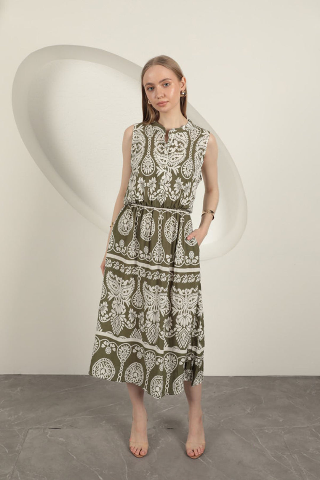 KKT Viscose Fabric Ethnic Patterned Dress-Khaki - Yecla