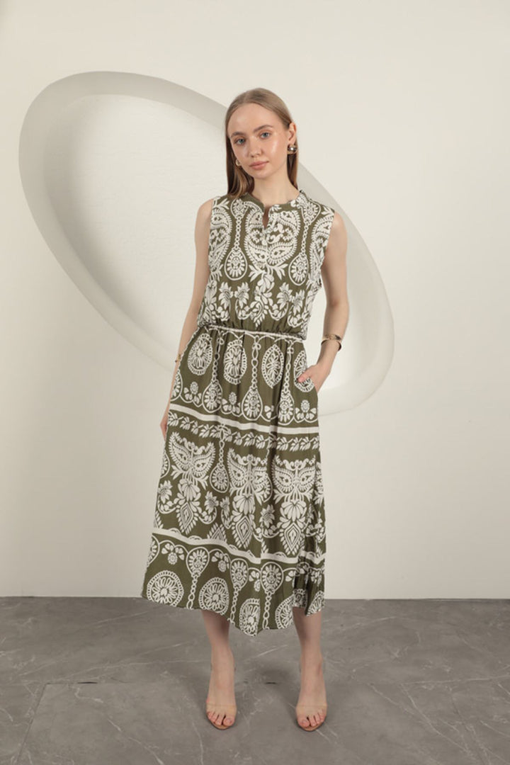 KKT Viscose Fabric Ethnic Patterned Dress-Khaki - Yecla