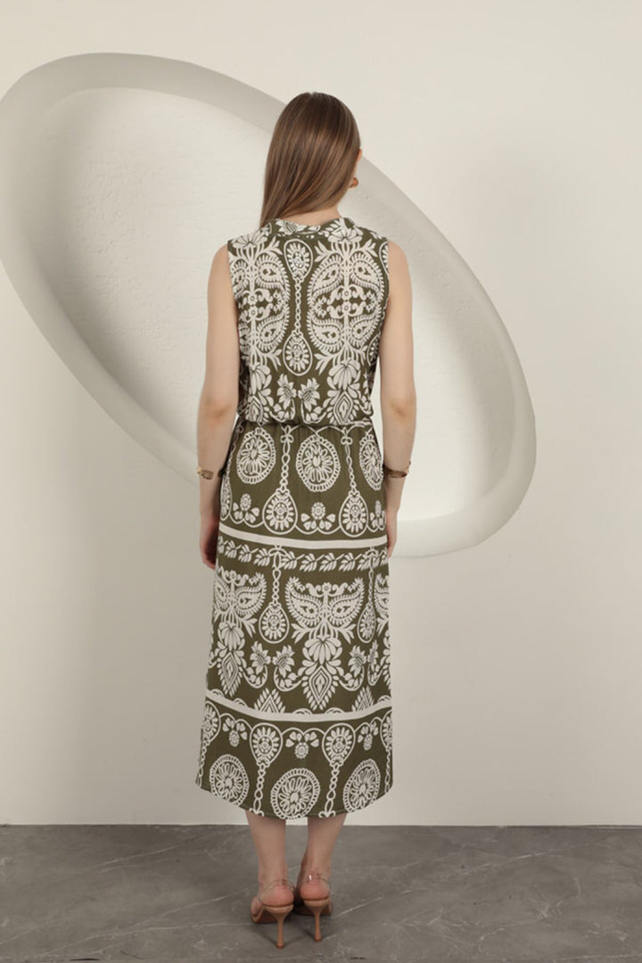 KKT Viscose Fabric Ethnic Patterned Dress-Khaki - Yecla