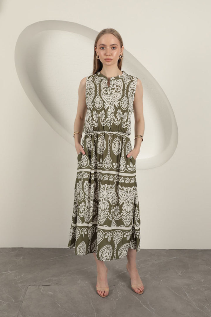 KKT Viscose Fabric Ethnic Patterned Dress-Khaki - Yecla