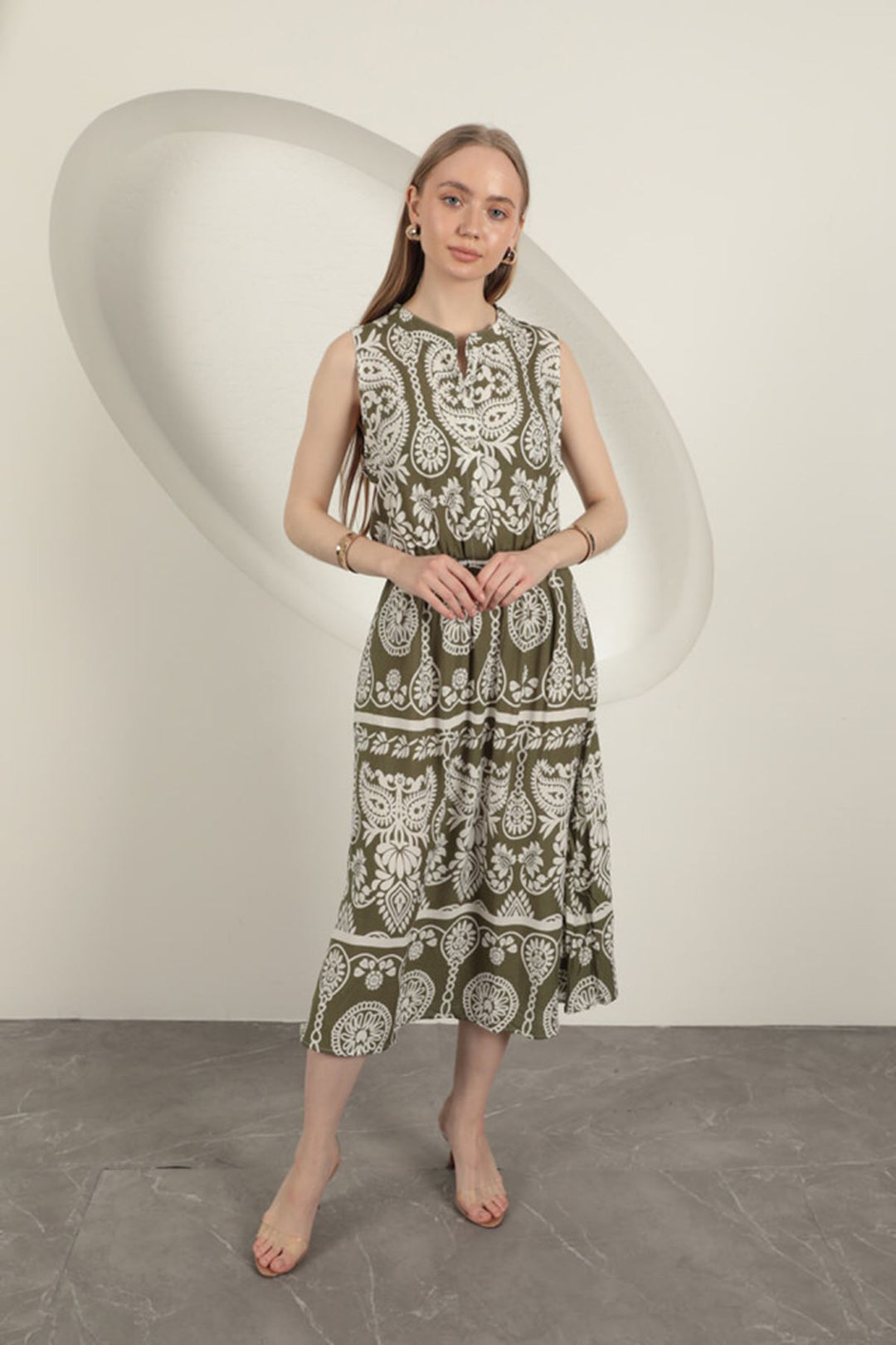 KKT Viscose Fabric Ethnic Patterned Dress-Khaki - Yecla