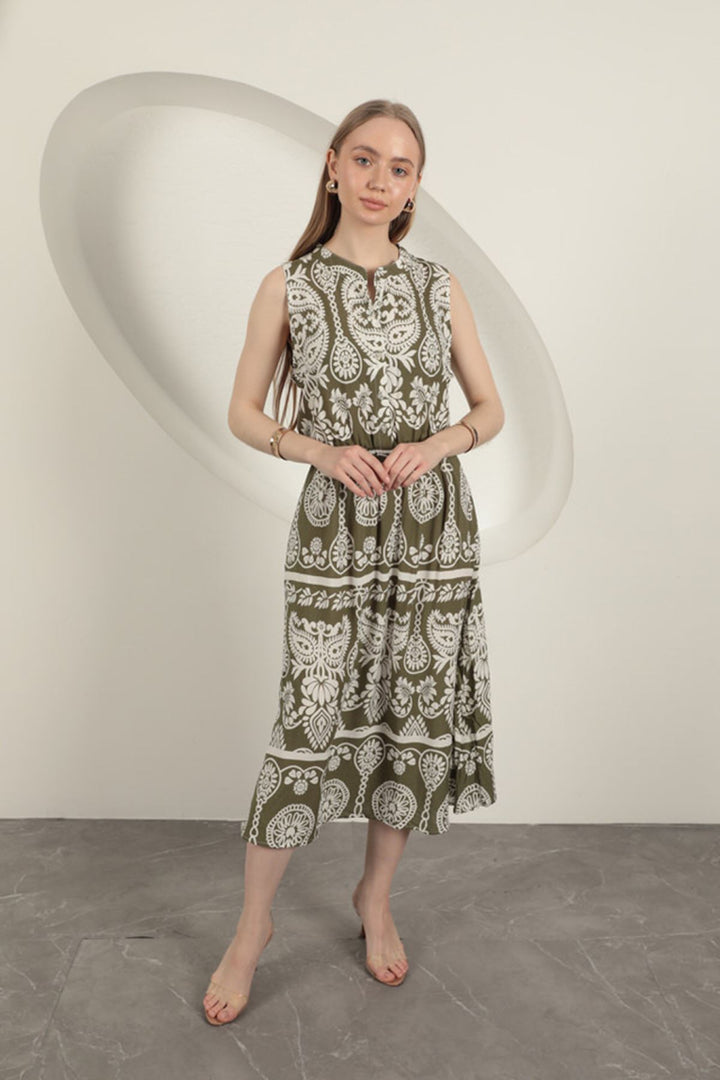 KKT Viscose Fabric Ethnic Patterned Dress-Khaki - Yecla