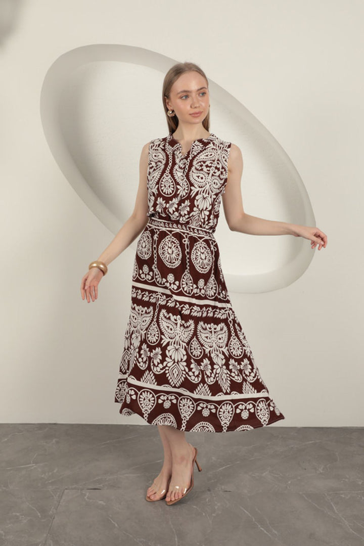 KKT Viscose Fabric Ethnic Patterned Dress-Coffee - Laguna Niguel
