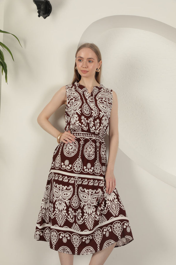 KKT Viscose Fabric Ethnic Patterned Dress-Coffee - Laguna Niguel