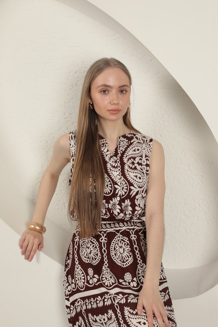 KKT Viscose Fabric Ethnic Patterned Dress-Coffee - Laguna Niguel