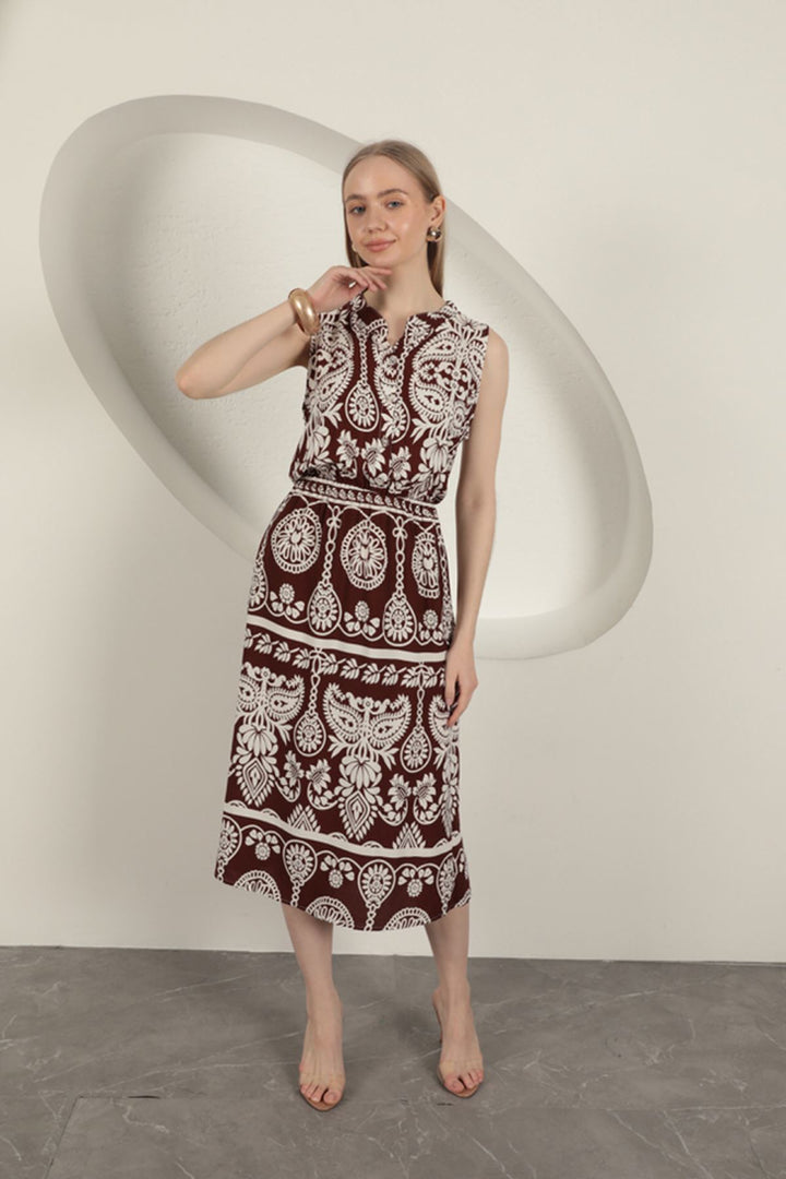 KKT Viscose Fabric Ethnic Patterned Dress-Coffee - Laguna Niguel