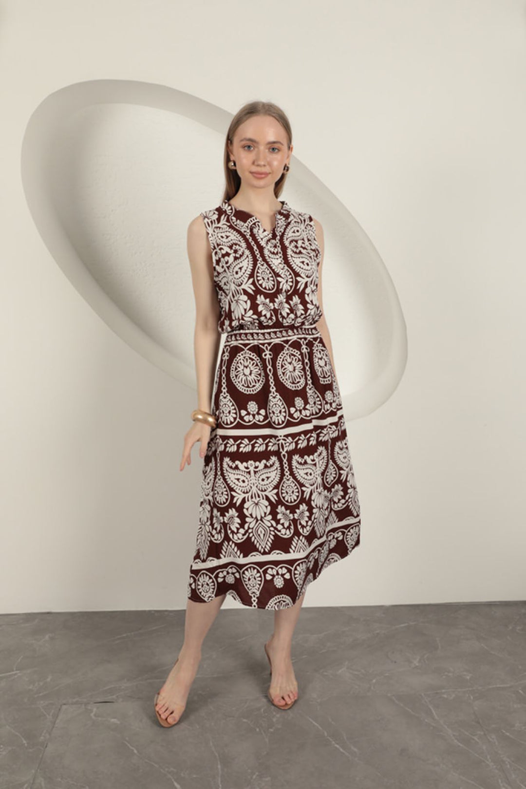 KKT Viscose Fabric Ethnic Patterned Dress-Coffee - Laguna Niguel