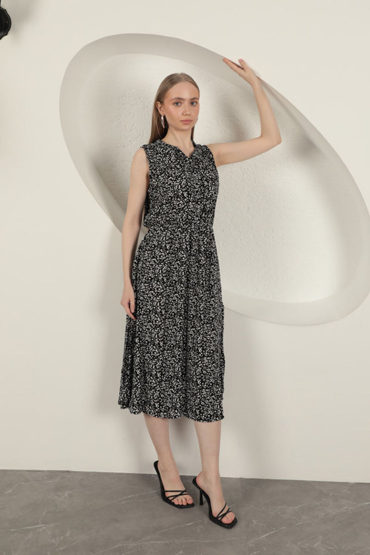 KKT Viscose Fabric Crisp Patterned Dress-Black - Colchester