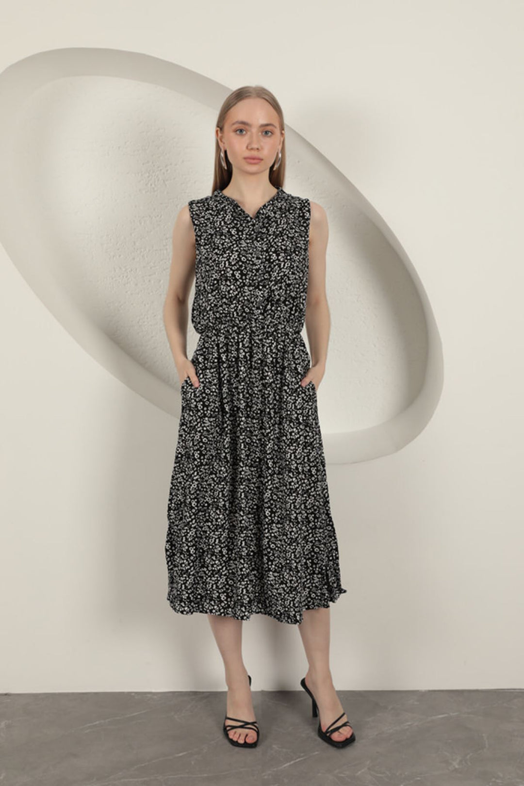 KKT Viscose Fabric Crisp Patterned Dress-Black - Colchester