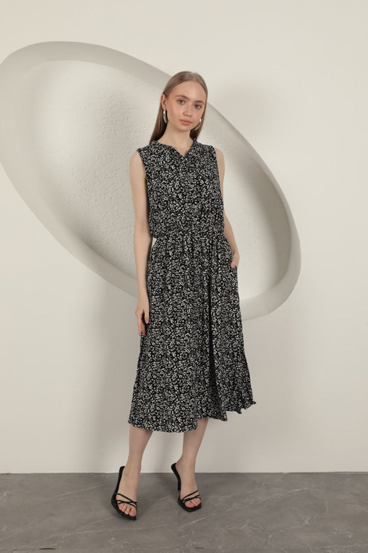 KKT Viscose Fabric Crisp Patterned Dress-Black - Colchester