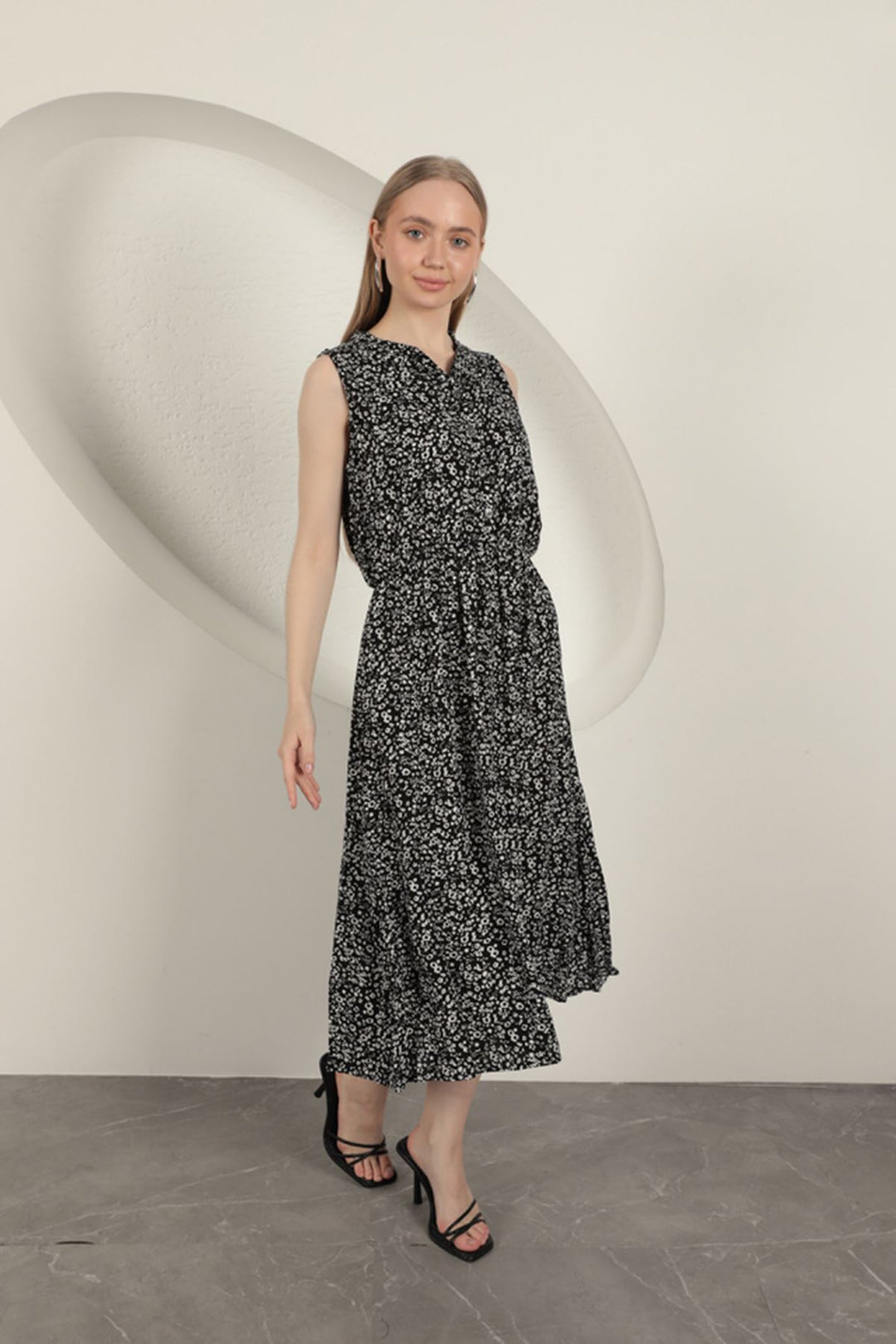KKT Viscose Fabric Crisp Patterned Dress-Black - Colchester