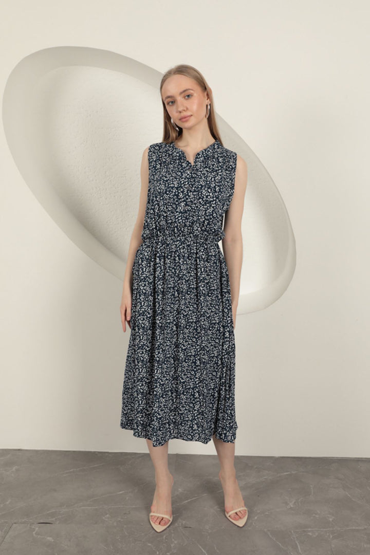 KKT Viscose Fabric Crisp Patterned Dress-Navy Blue - Miami Gardens