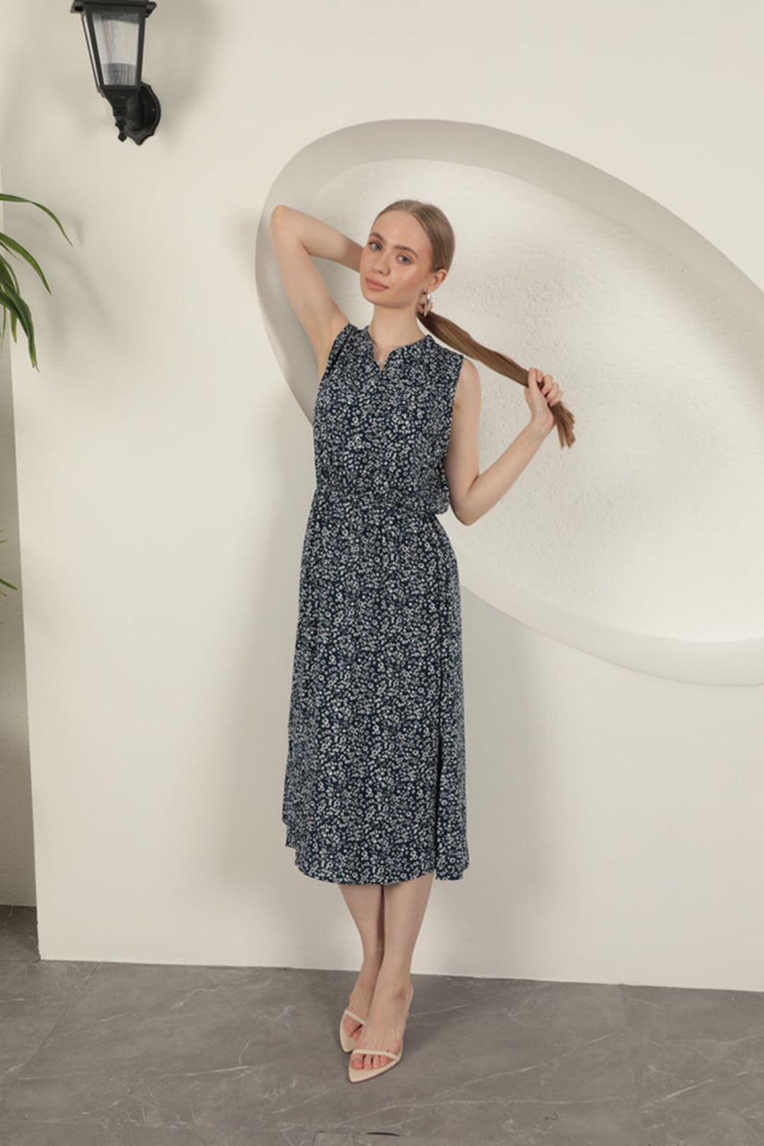 KKT Viscose Fabric Crisp Patterned Dress-Navy Blue - Miami Gardens