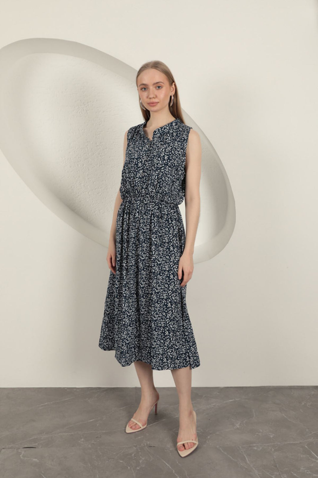 KKT Viscose Fabric Crisp Patterned Dress-Navy Blue - Miami Gardens