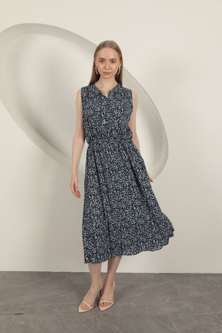 KKT Viscose Fabric Crisp Patterned Dress-Navy Blue - Miami Gardens