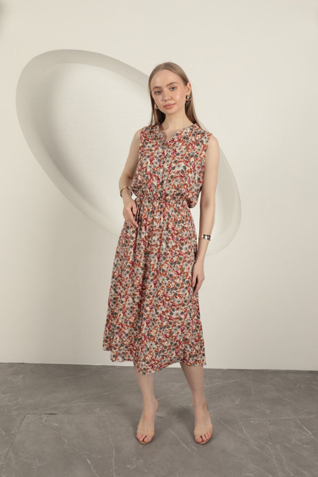 KKT Viscose Crisp Floral Patterned Dress-Beige - Véroia