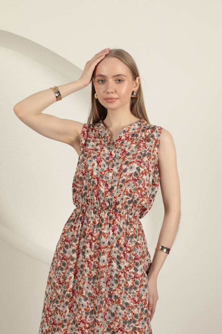 KKT Viscose Crisp Floral Patterned Dress-Beige - Véroia