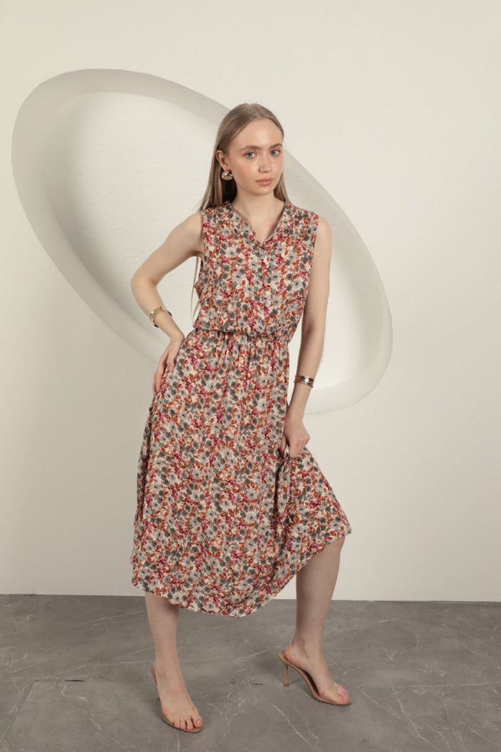 KKT Viscose Crisp Floral Patterned Dress-Beige - Véroia