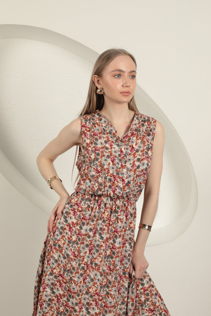 KKT Viscose Crisp Floral Patterned Dress-Beige - Véroia