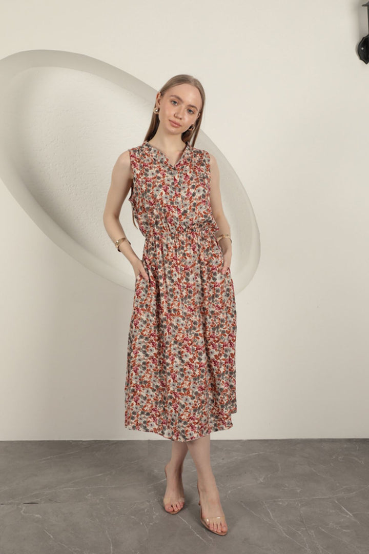 KKT Viscose Crisp Floral Patterned Dress-Beige - Véroia