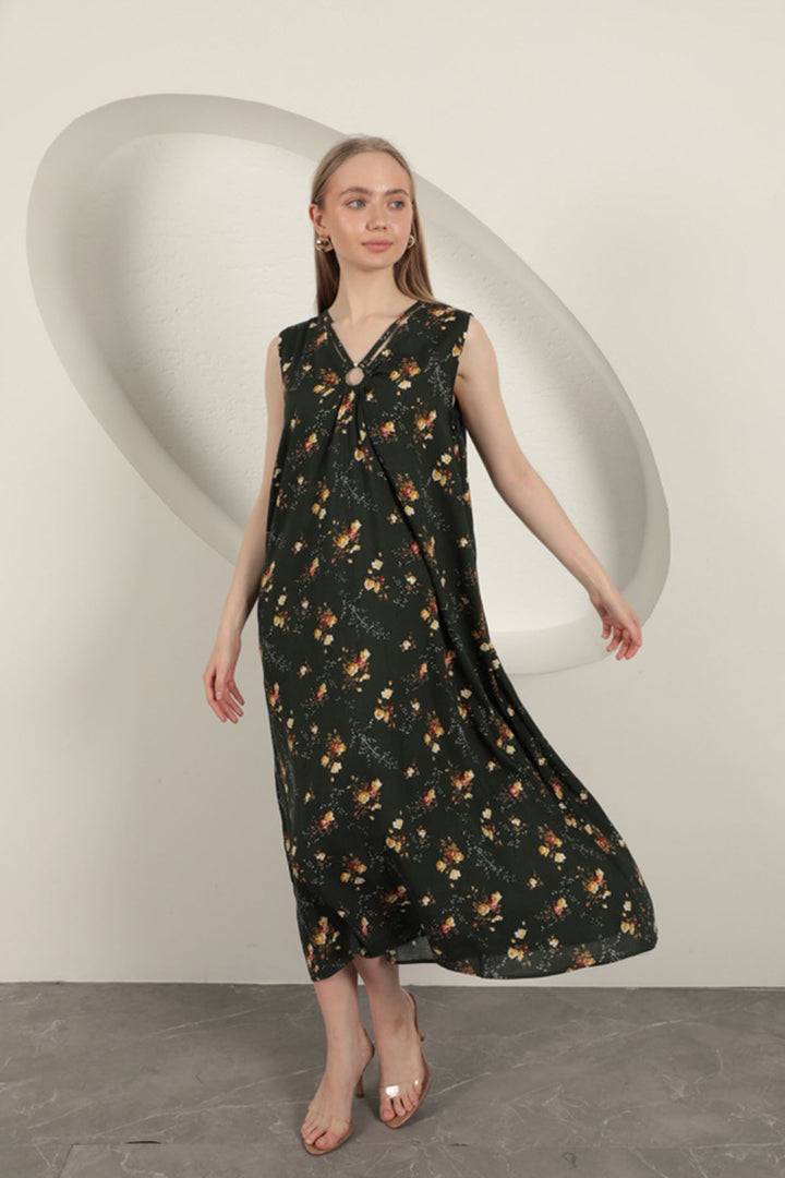 KKT Viscose Fabric Floral Patterned Dress-Khaki - East Gwillimbury