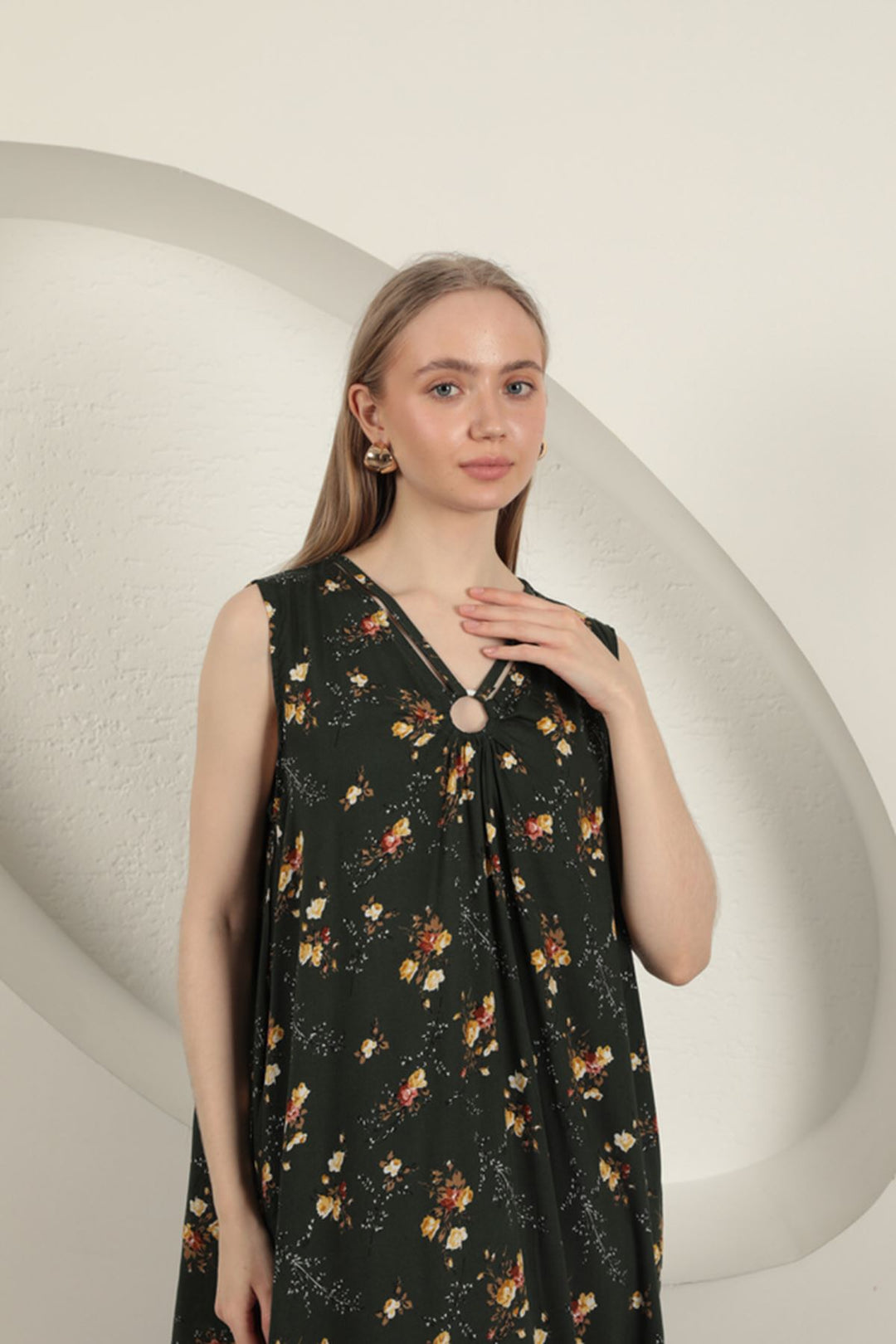 KKT Viscose Fabric Floral Patterned Dress-Khaki - East Gwillimbury