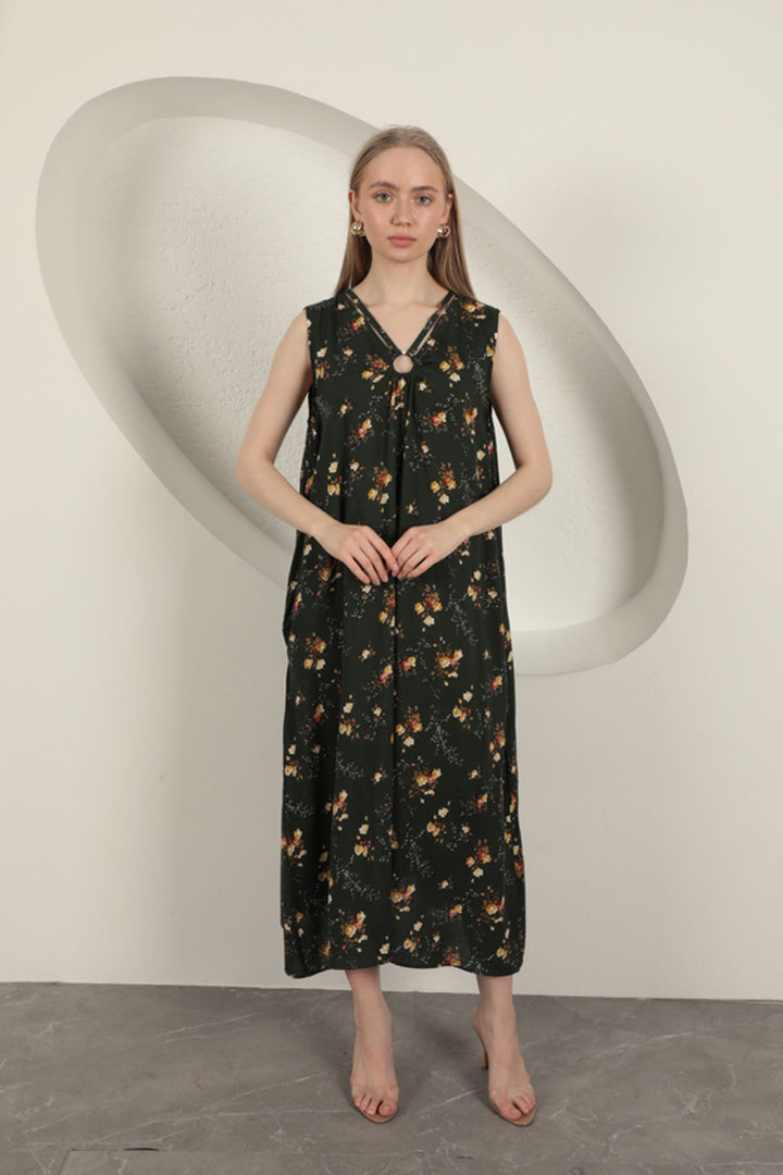 KKT Viscose Fabric Floral Patterned Dress-Khaki - East Gwillimbury