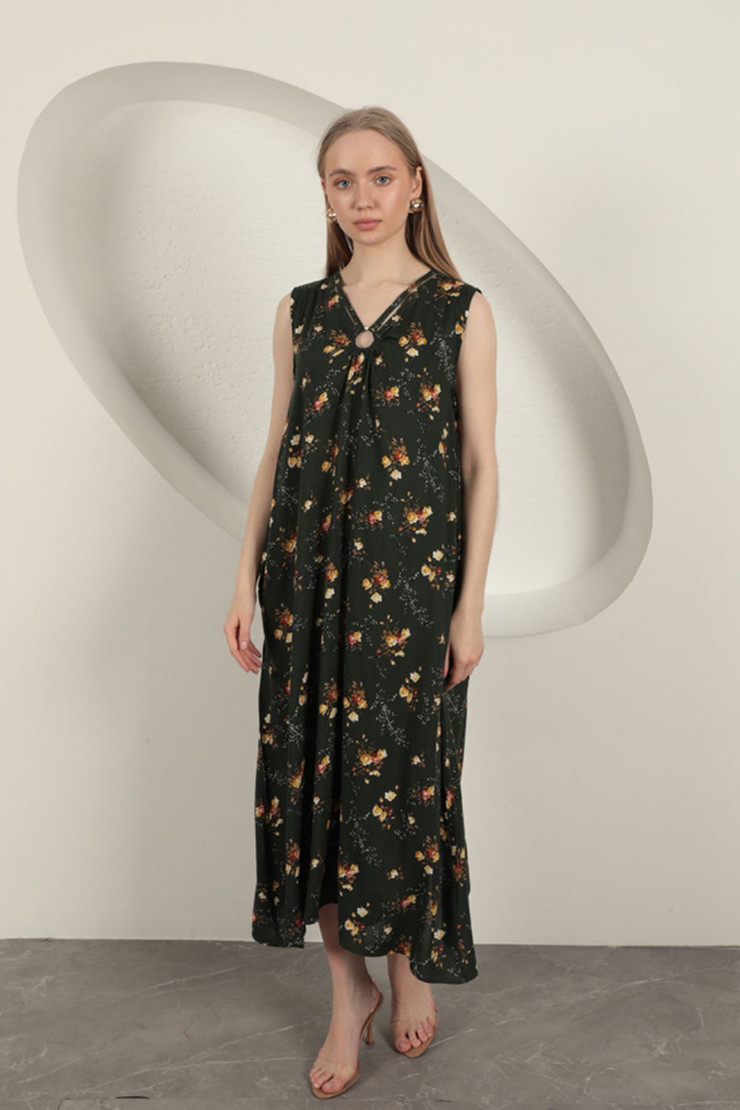 KKT Viscose Fabric Floral Patterned Dress-Khaki - East Gwillimbury