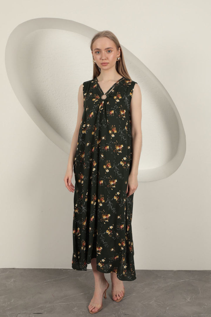 KKT Viscose Fabric Floral Patterned Dress-Khaki - East Gwillimbury