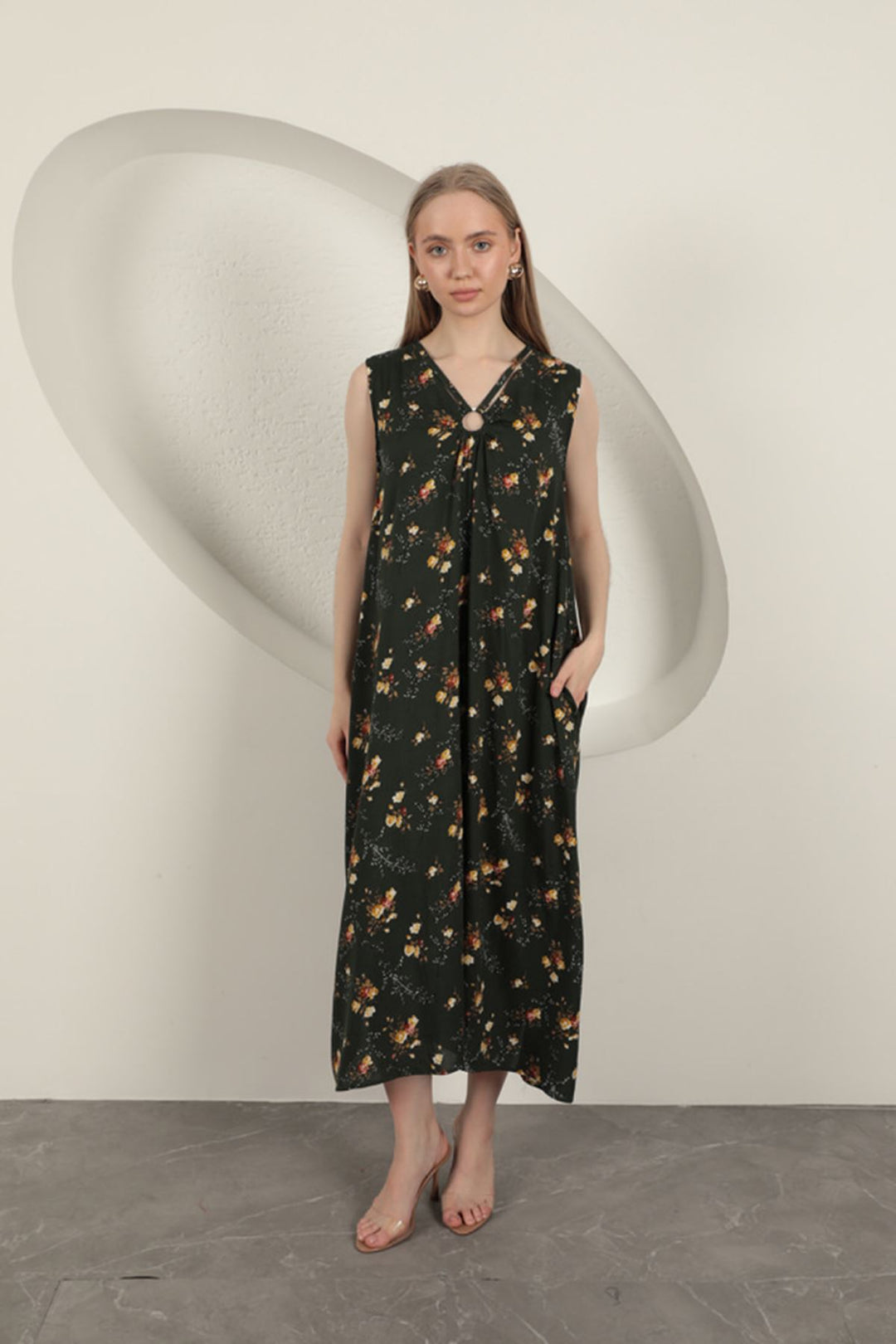 KKT Viscose Fabric Floral Patterned Dress-Khaki - East Gwillimbury