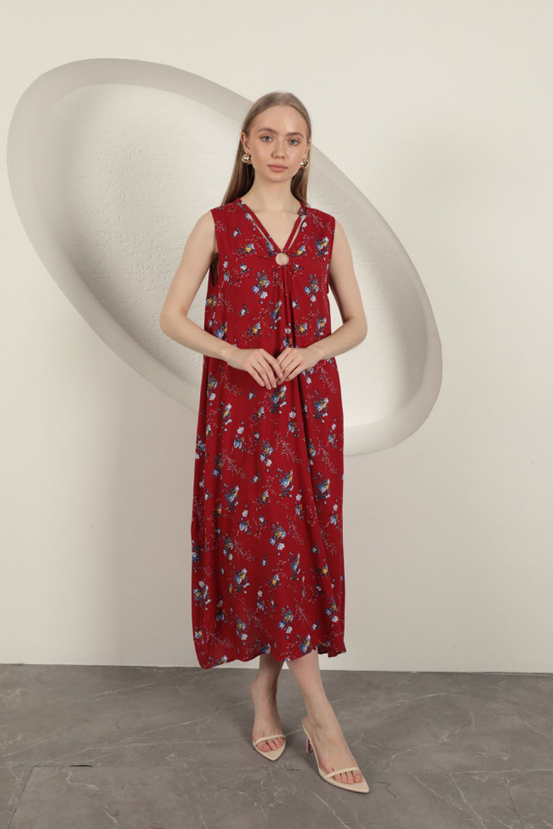 KKT Viskon Kumaş Çiçek Desenli Elbise-Kırmızı - Irondequoit