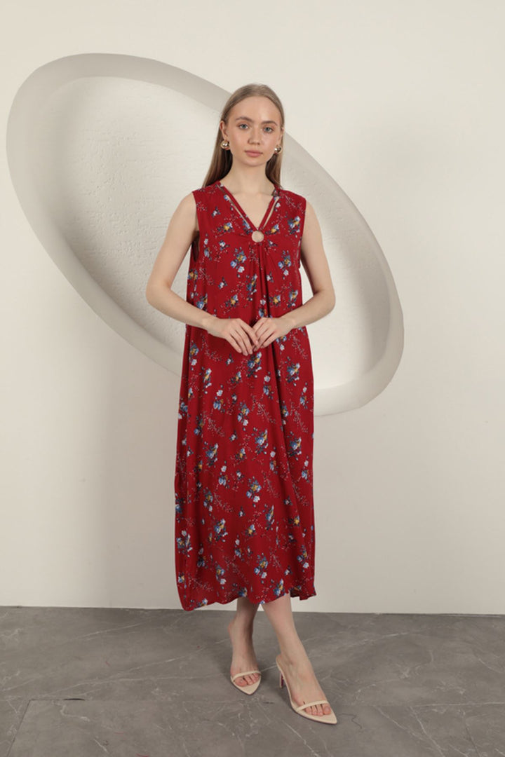 KKT Viskon Kumaş Çiçek Desenli Elbise-Kırmızı - Irondequoit