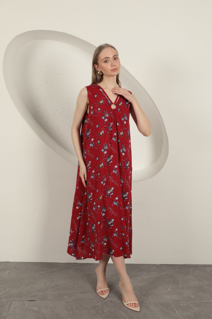 KKT Viskon Kumaş Çiçek Desenli Elbise-Kırmızı - Irondequoit