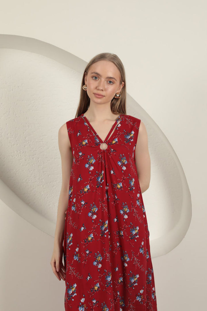 KKT Viscose Fabric Floral Patterned Dress-Red - Clifton