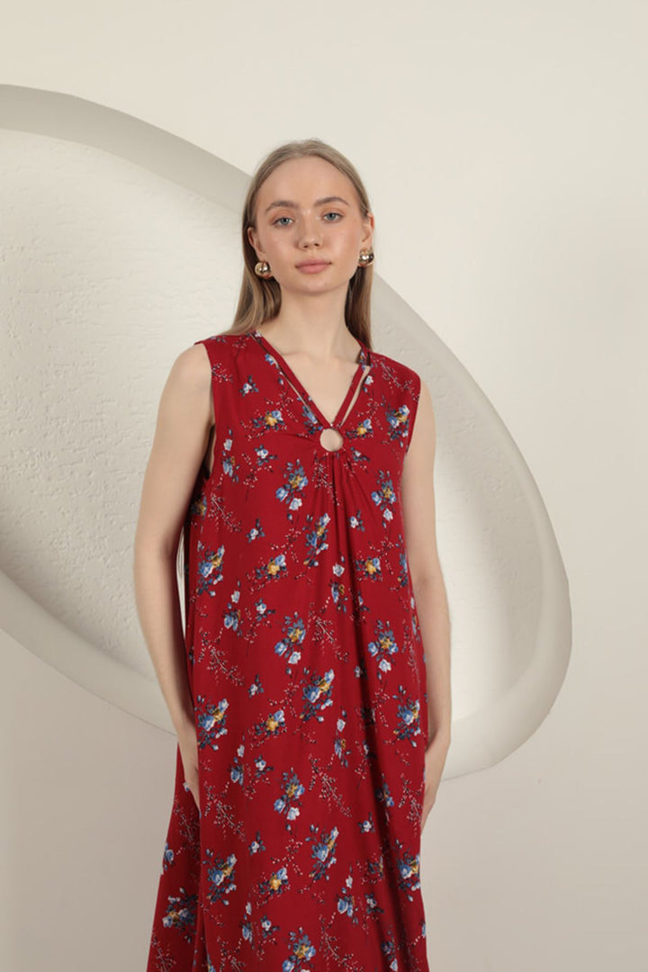 KKT Viscose Fabric Floral Patterned Dress-Red - Clifton