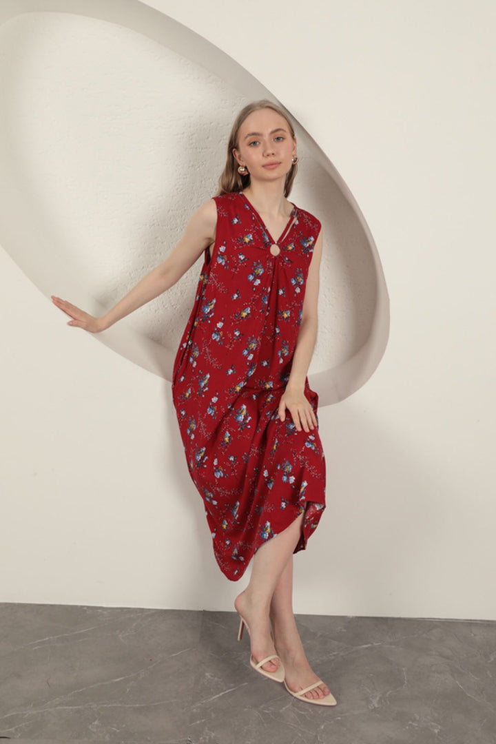 KKT Viscose Fabric Floral Patterned Dress-Red - Clifton