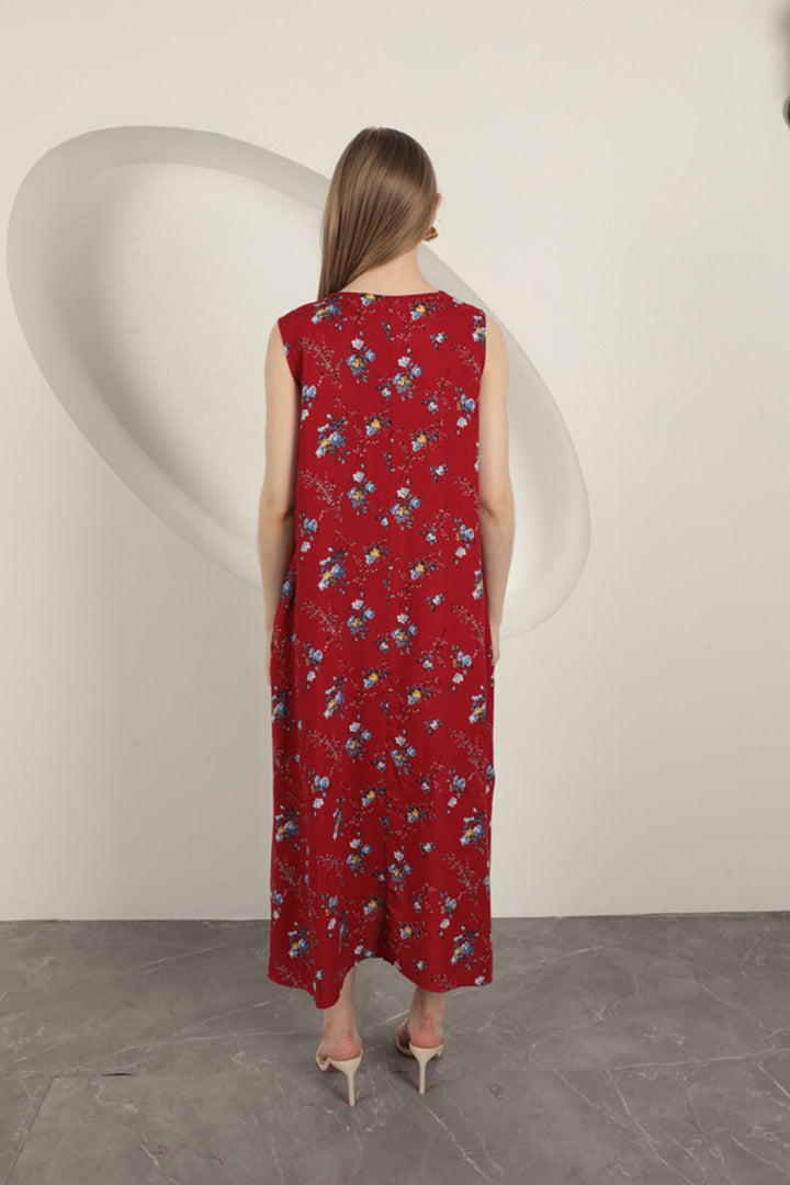 KKT Viskon Kumaş Çiçek Desenli Elbise-Kırmızı - Irondequoit