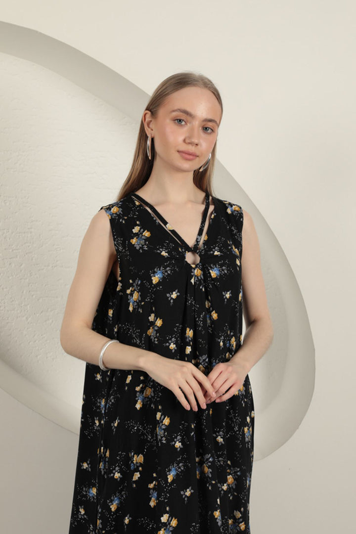 KKT Viscose Fabric Floral Patterned Dress-Black - Tezoyuca