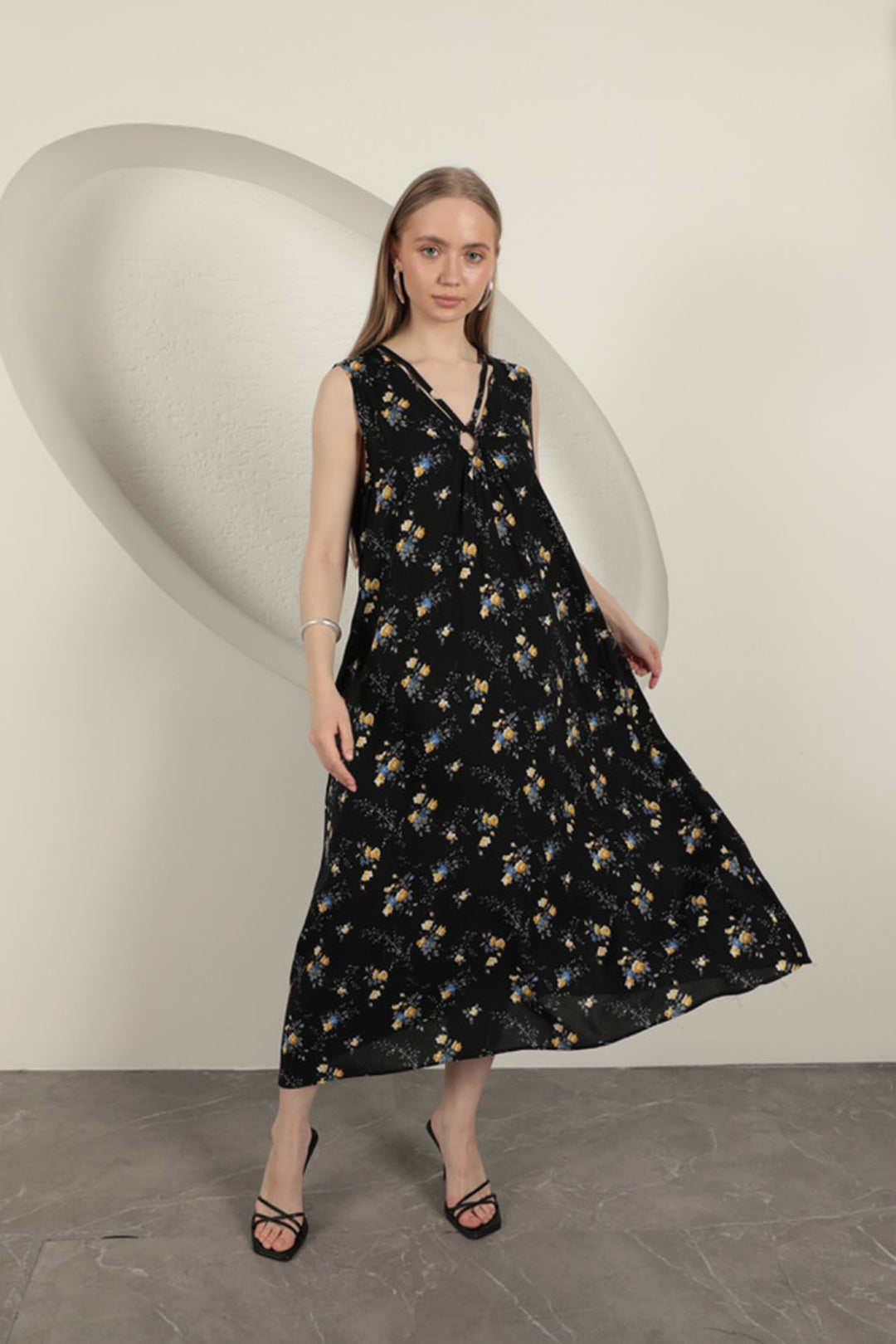 KKT Viscose Fabric Floral Patterned Dress-Black - Tezoyuca