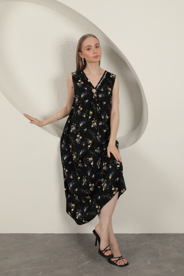 KKT Viscose Fabric Floral Patterned Dress-Black - Tezoyuca