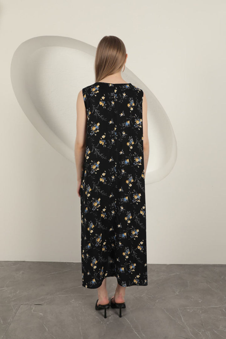 KKT Viscose Fabric Floral Patterned Dress-Black - Tezoyuca