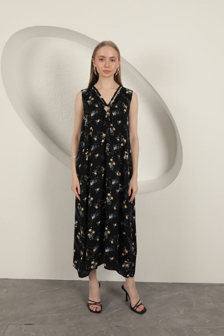 KKT Viscose Fabric Floral Patterned Dress-Black - Tezoyuca