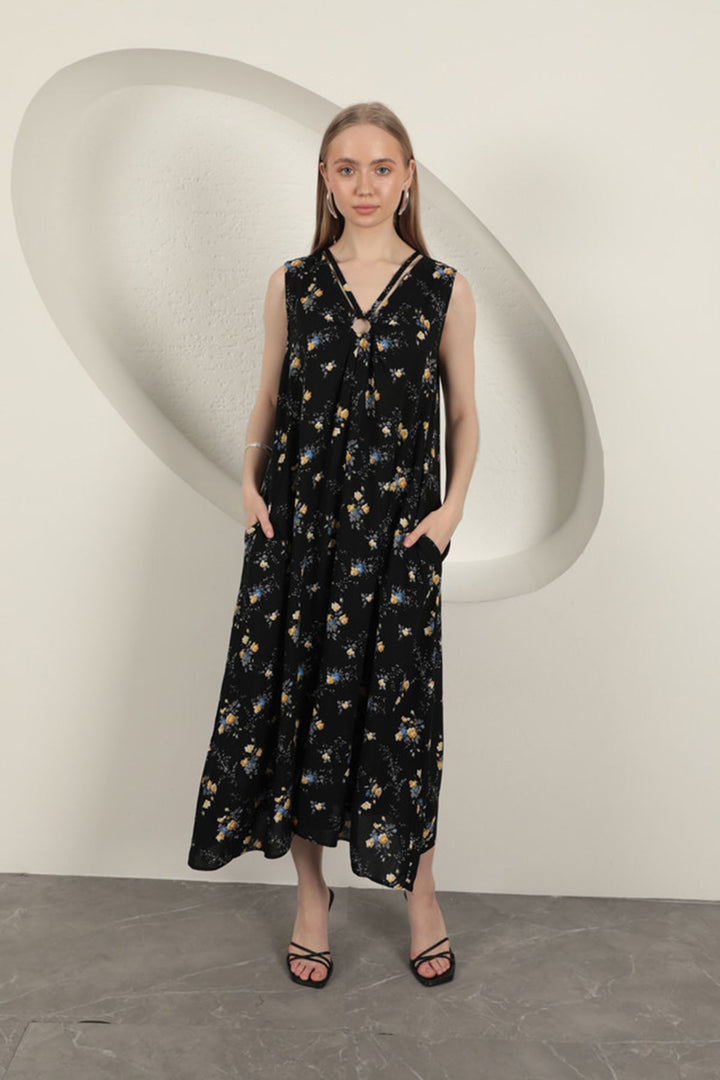 KKT Viscose Fabric Floral Patterned Dress-Black - Tezoyuca