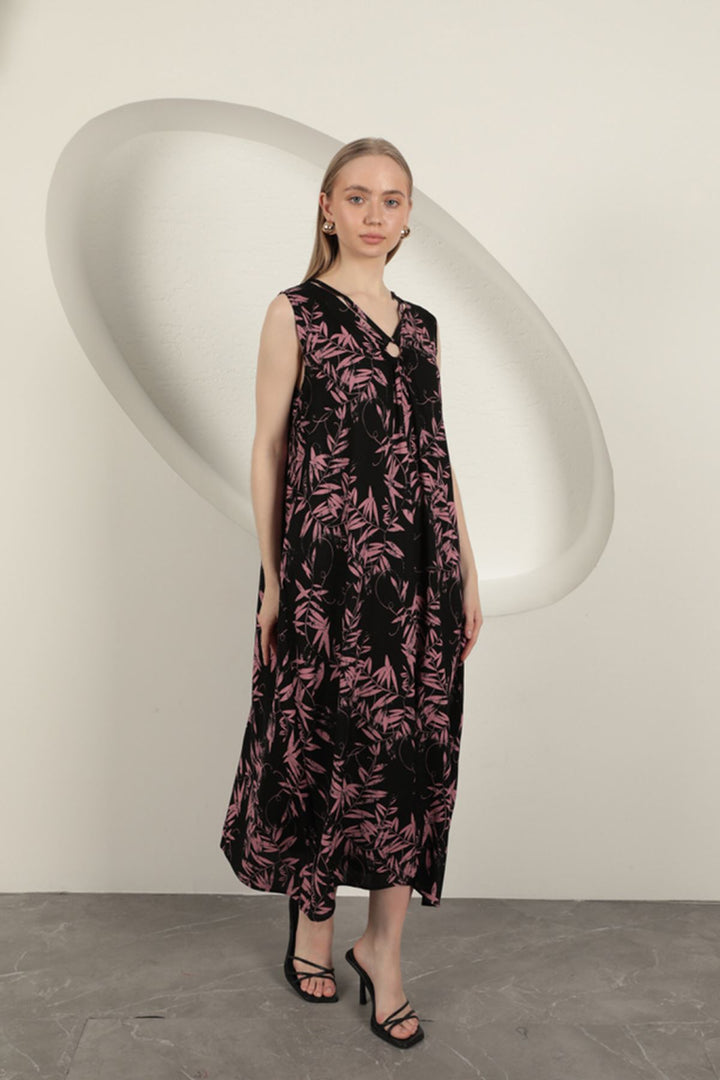 KKT Viscose Fabric Leaf Patterned Dress-Pink - Gallatin