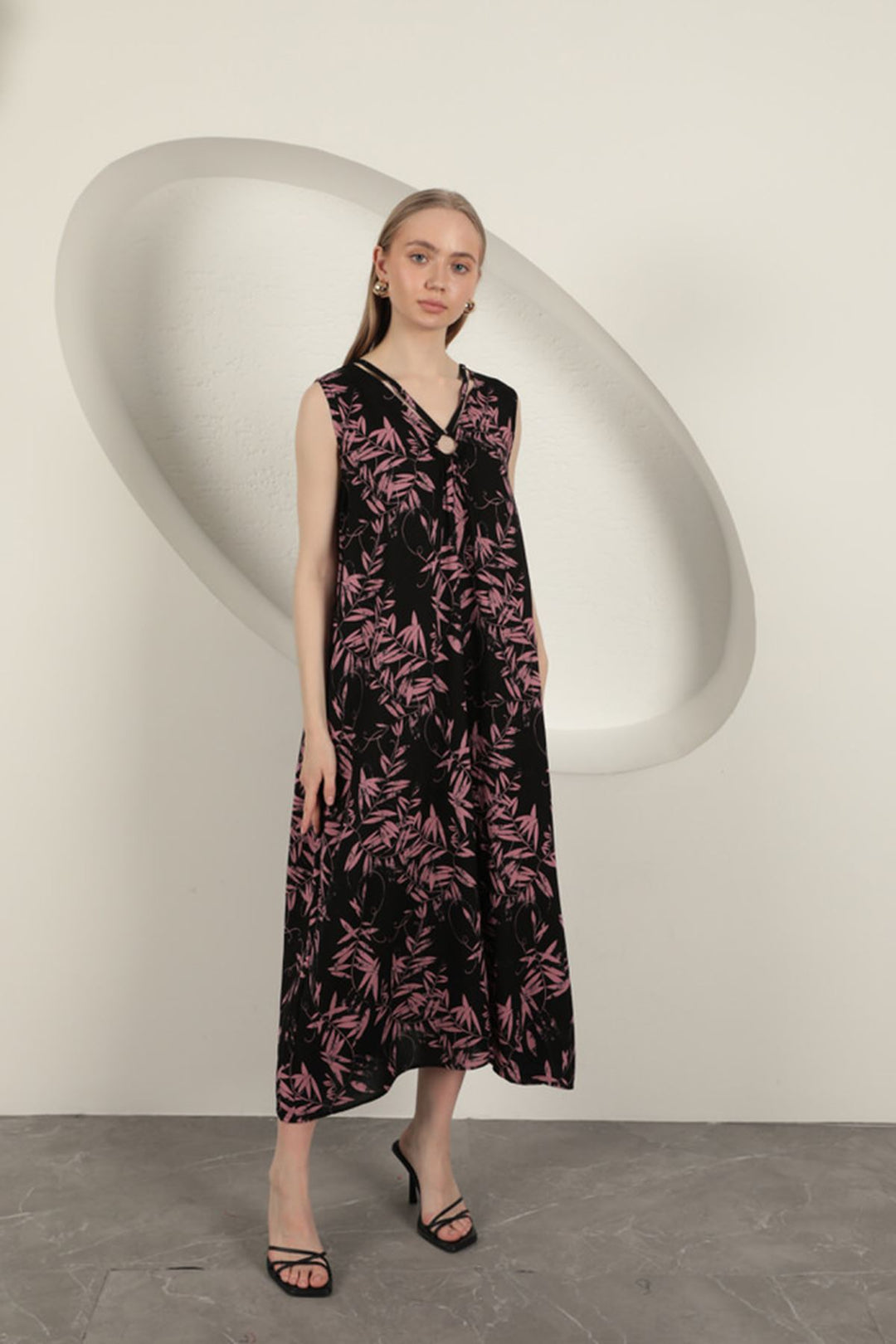 KKT Viscose Fabric Leaf Patterned Dress-Pink - Gallatin
