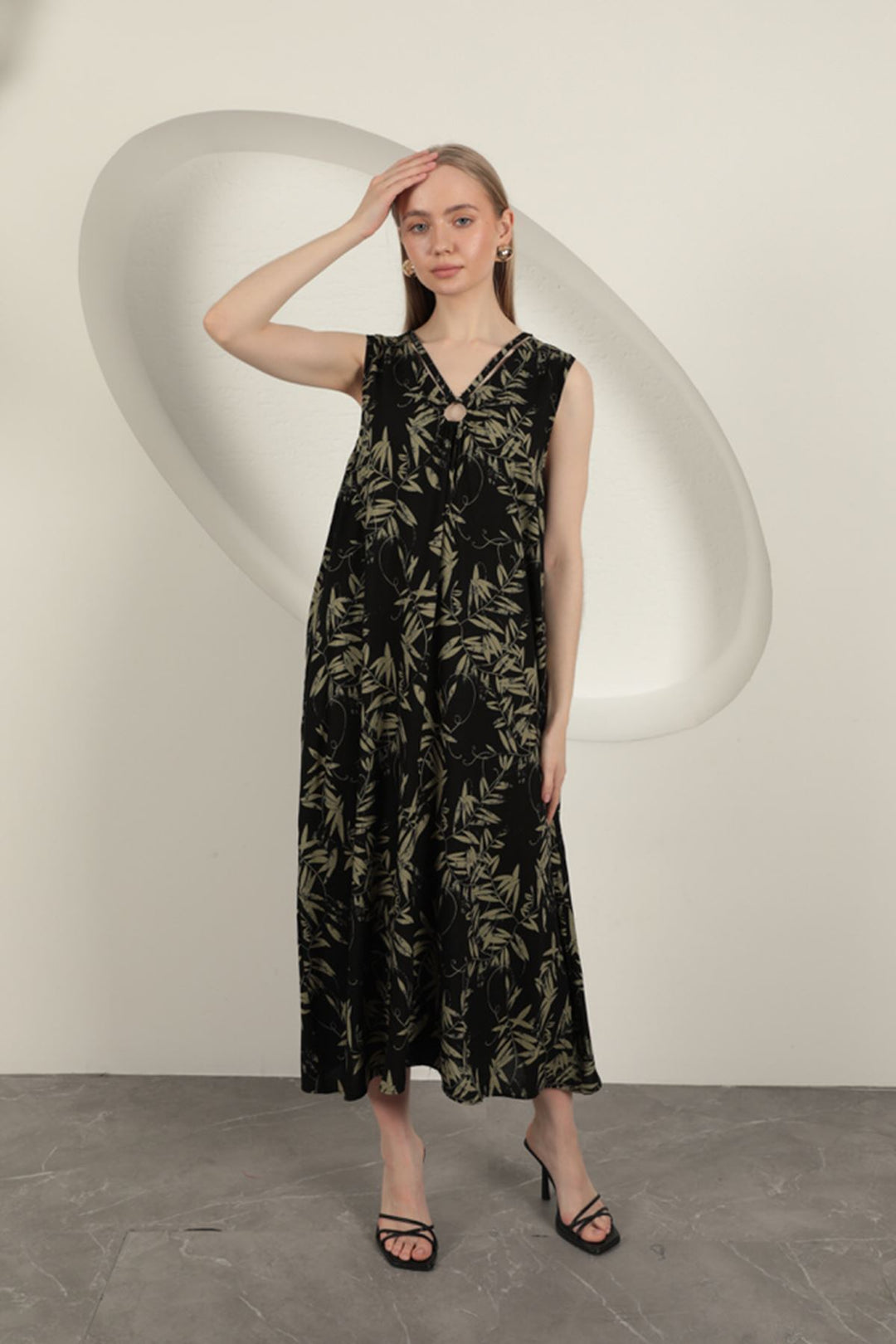 KKT Viscose Fabric Leaf Patterned Dress-Khaki - West Jordan