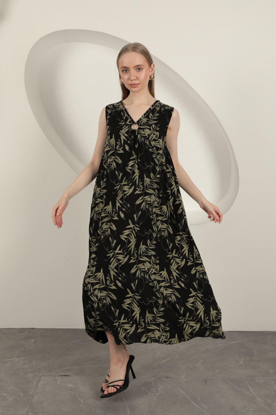 KKT Viscose Fabric Leaf Patterned Dress-Khaki - West Jordan