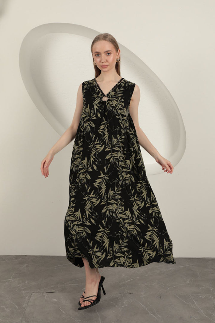KKT Viscose Fabric Leaf Patterned Dress-Khaki - West Jordan