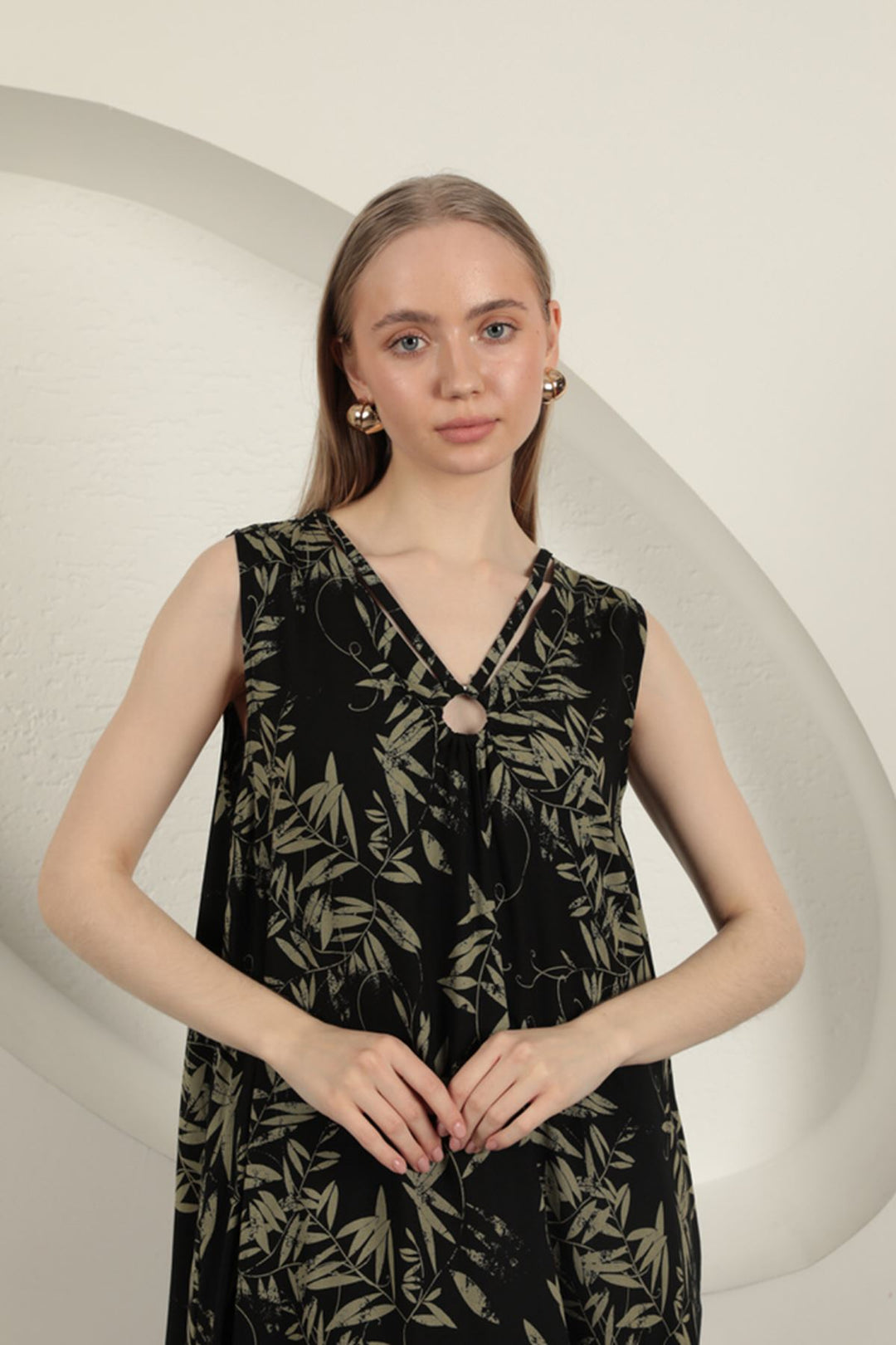 KKT Viscose Fabric Leaf Patterned Dress-Khaki - West Jordan